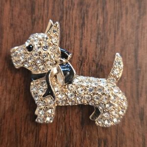 Monet Scottie Westie Dog Brooch Pin Vintage Rhinestones  Black Eye And Bow